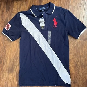 Polo Ralph Lauren Boys Mesh Big Pony Shirt Navy W/White Sash Shield Crest L14-16 - Picture 1 of 2