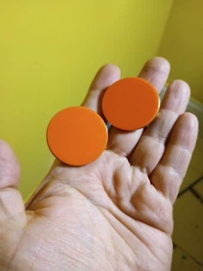 Vintage Lucite Gold Tone Modernist Clip Earrings Huge Orange Dot Mid Century - Picture 1 of 3