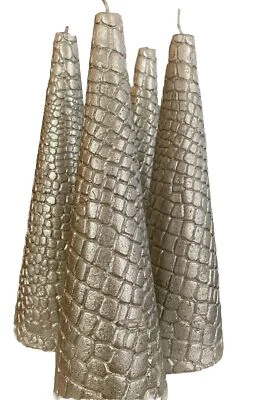 Set Of 4 Shiny Silver Christmas Tree Candles 10.5” H Vintage Neiman Marcus $140 - Image 1 of 4