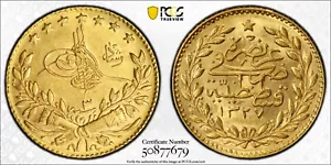 Turkey AH 1327 3 (1911) Gold 25 Kurush PCGS MS 62 Scarce, Esmer Collection! - Picture 1 of 3