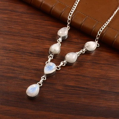 Collar de piedras preciosas de piedra lunar de plata de ley 925 hecho a mano joyería ajustable A152 Foto 1 de 4