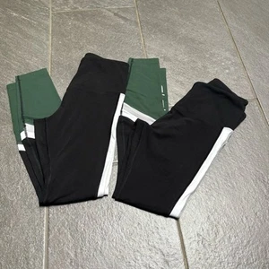 Lorna Jane Set of 2 Black Grey Green Colorblock XS Leggings Full Length Pocket - Picture 1 of 8