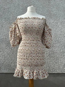 Topshop Shirred Off The Shoulder Dress With Bardot Sleeves In Floral Size 12 - Picture 1 of 5