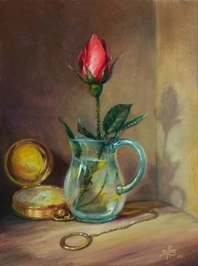 ORIGINAL OIL . Still life with a rose, and a gold watch. artist V. Shurganov - Picture 1 of 6