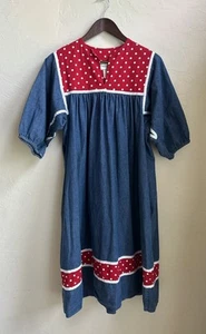 Vintage 1970s Krist Gudnason Cottagecore Dress Denim Polka Dot Peasant Hippie S - Picture 1 of 8