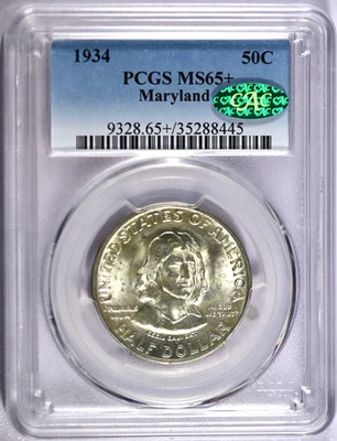 1934 PCGS MS65+ Maryland Classic Silver Commemorative Half with CAC Label - Image 1 of 2