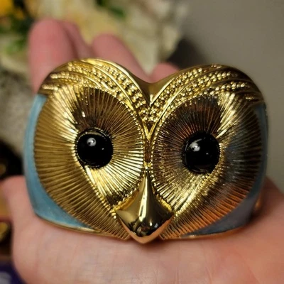 Fashion Chunky Enamel Owl Bangle Clamper Bracelet / Sky Blue Gold Tone New - Image 1 of 4