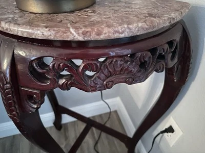 Vintage Genuine Pink Marble & Mahogany Carved Corner Table - Image 1 of 2