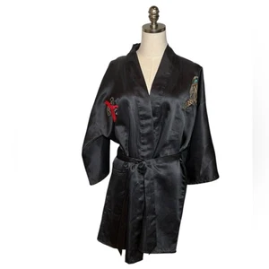 Accappatoio giacca fumo kimono raso nero vintage ricamo Giappone - Foto 1 di 9