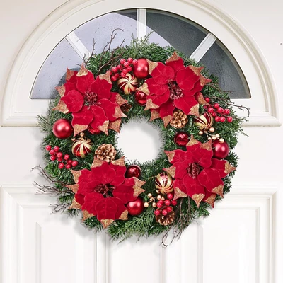 20" Christmas Wreaths for Front Door with Lights - Christmas Ball Poinsettia Red - Image 1 of 4