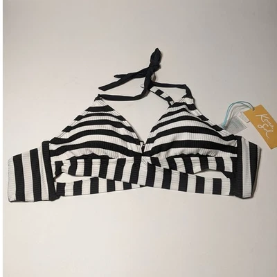 Kona Sol Swimsuit Faux Wrap Halter Bikini TopBlack White Stripe Small 4-6 Caged - Image 1 of 4