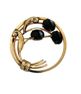 Vintage Art Deco Ronci oro 12kt relleno G.F. Broche redondo prendedor piedras de ónix negro - Imagen 1 de 5