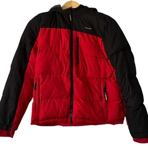 Eddie Bauer Kids Puffer Jacket Coat L (14) Red Black Full Zip Hooded Winter - Picture 1 of 7
