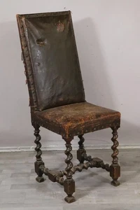117cm Stuhl Holz gedrechselt mit Lederbezug Adelswappen 19.Jhd (MVL4545) - Bild 1 von 11