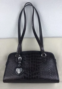 Bolso Cartera Vintage Cuero Brighton Doble Correa Cocodrilo Repujado Marrón Oscuro - Imagen 1 de 10