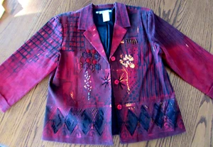 Nancy Bolen City Girl Lined Beaded Jacket Deep Red Black Sz L Crisp Cotton - Picture 1 of 8