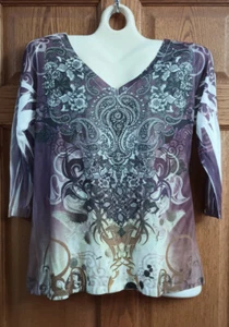 Camicetta donna stampa paisley multicolore scollo a V maniche a 3/4 taglia small - Foto 1 di 4