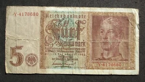 VECCHIA BANCONOTA DEL TERZO REGNO GERMANIA 5 Reichsmark 1942 seconda guerra mondiale y*4178680 - Foto 1 di 3