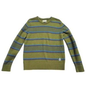 Volcom Striped Knit Embroidered Sweater Crew Neck Olive Green Blue S Y2K Retro - Picture 1 of 9