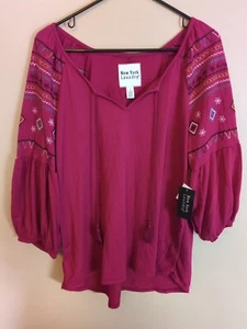 Embroidered Tasseled Balloon Sleeve Top Blouse Boho New York Laundry 1x New - Picture 1 of 5