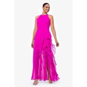 Betsy & Adam Women Halter Neck Ruffle Front Chiffon Gown, PINK, SIZE-4 - Picture 1 of 3
