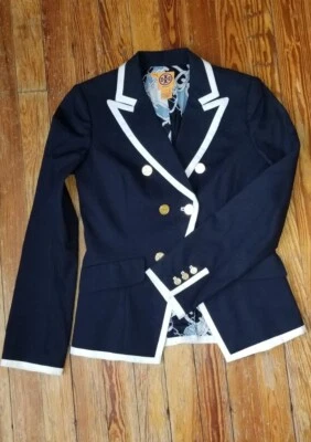 Chaqueta Blazer Tory Burch Azul Marino Doble Pecho Botones Dorados con Borde Blanco talla 6 Foto 1 de 4