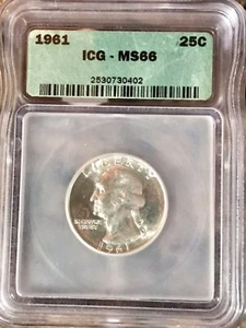 1961 WASHINGTON SILVER 25 CENTS MS-66 ICG Certified - Picture 1 of 2