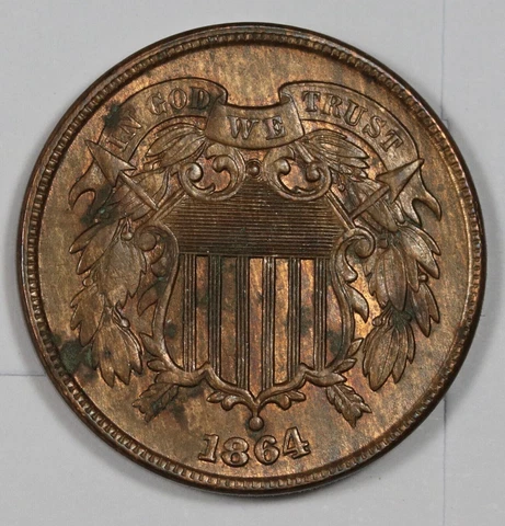 High Grade!! US 1864 2 Cent Piece.  Natural Uncleaned.  UNCIRCULATED Cover
