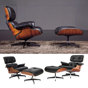 Classic Mid-century Swivel Armchair Lounge Chair Ottoman Genuine Leather - Picture 1 of 27