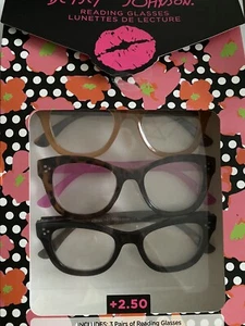 Paquete de 3 gafas para lectores Betsey Johnson mostaza gruesa, tortuga, negras + 2,50 nuevas en caja - Imagen 1 de 6