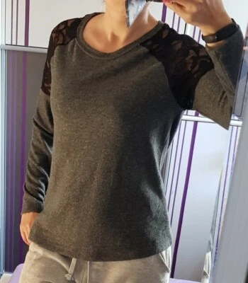 NEU Damen Pulli XS 34 Yessica C&A grau Spitze Pullover Shirt Sweatshirt Strick - Bild 1 von 4