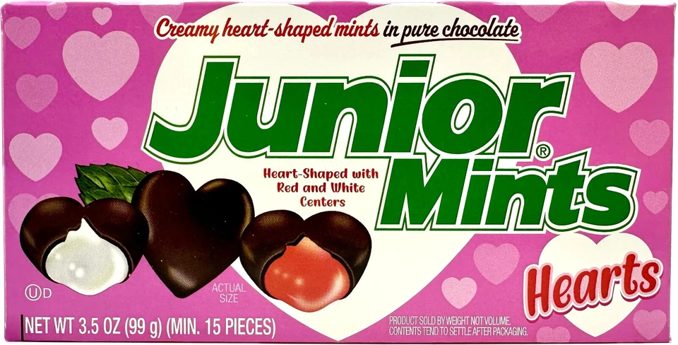 Junior Mints 3.5 oz. HEARTS Red and White Centers in Pure Chocolate LIMITED ED - Image 1 of 1