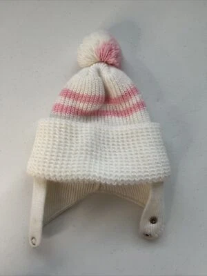 Sombrero vintage tejido rosa blanco a rayas pompón oreja solapa niño bebé bebé Foto 1 de 4
