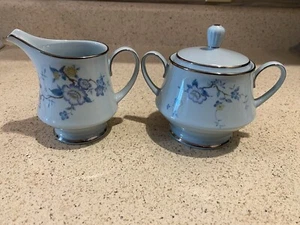 Noritake “Peonia” Blue Floral China Creamer & Sugar Set Silver Made in Japan - Picture 1 of 10