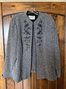 JESSICA HOWARD Open Front Blazer Jacket Black White Gray w/Embroidery Size 16 18 - Picture 1 of 4
