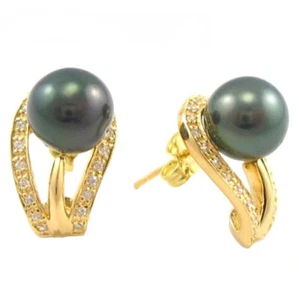 8-9mm Authentic Tahitian Black Pearl 925 Sterling Silver / 18K Post Earrings - Picture 1 of 2