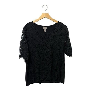 Chico's Black Lace Overlay Shirt Top Size 3 (XL) Short Sleeves - Picture 1 of 5