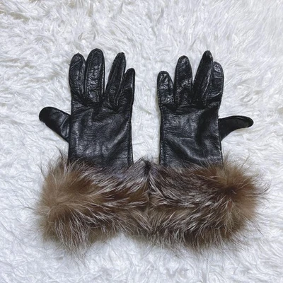 PRADA Leather Gloves Black Lambskin and Fox Fur Women’s Vintage Style - Image 1 of 4