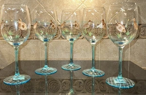 pier 1 hand painted wine glass birds on the beach turquoise - Picture 1 of 7