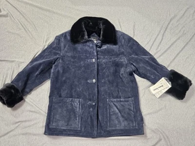 Chaqueta Dennis Basso Mujer Grande Azul Gamuza Cuero Imitación Piel Forrada Abrigo de Invierno Foto 1 de 4