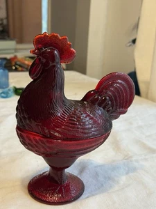 L.E. Caramelo de gallo Smith rojo rubí ámbar con tapa de vidrio vintage MCM granja - Imagen 1 de 17