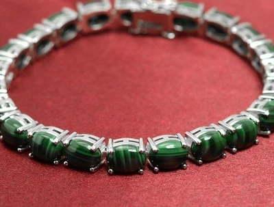 纯绿色孔雀石椭圆形手链 925 纯银手链 妻子礼物 — 第 1/4 张图片