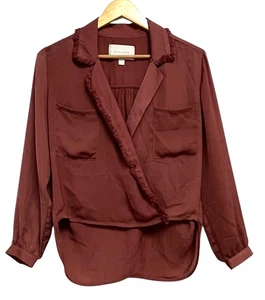Brochu Walker Shirt Womens Small Rust Brown Surplice Wrap Fringe Trim High Low - Picture 1 of 13