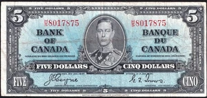 Canada 1937 $5 Five Dollar Banknote Coyne - Towers H/S 8017875 BC-23c - Picture 1 of 2