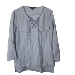 Ellen Tracy 100% Linen Tunic Top Blue Size Small Hi Low Roll Tab Sleeve Pockets - Picture 1 of 7