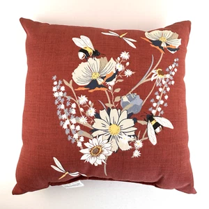 Hampton Bay Red Orange 16"x16" Bee Pillow Floral Dragon Fly Flower Cosmos Daisy - Picture 1 of 9