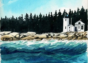 Narraguagus Lighthouse Pond Island Maine Matted Watercolor Art Prints - Picture 1 of 1