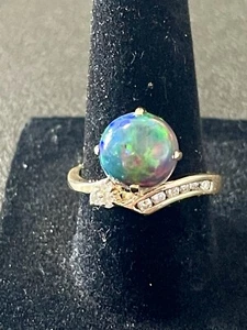14KT Yellow Gold Black Opal & Diamond Ring. Size 7.75 (S235) - Picture 1 of 7