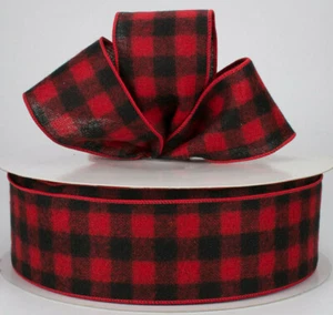 2.5" Flannel wired ribbon brushed buffalo check plaid red and black 5yds - Picture 1 of 2