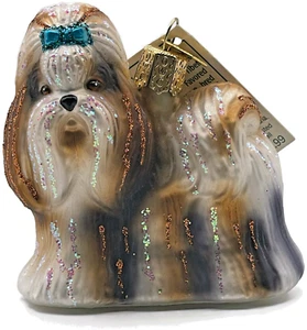 OWC Shih Tzu Hund Ornament blaue Schleife Haustier glitzernd alte Welt Christbaumschmuck - Bild 1 von 10